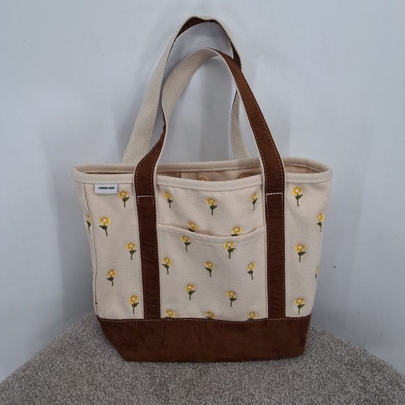 Lands' End Handbags - Lands' End Cream Canvas Tote with Yellow Flower Embroidery and Brown Trim